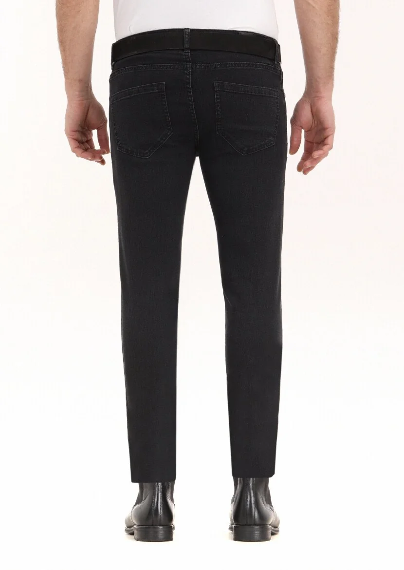 Siyah Düz Slim Fit Denim Pamuk Karışımlı Pantolon - 4