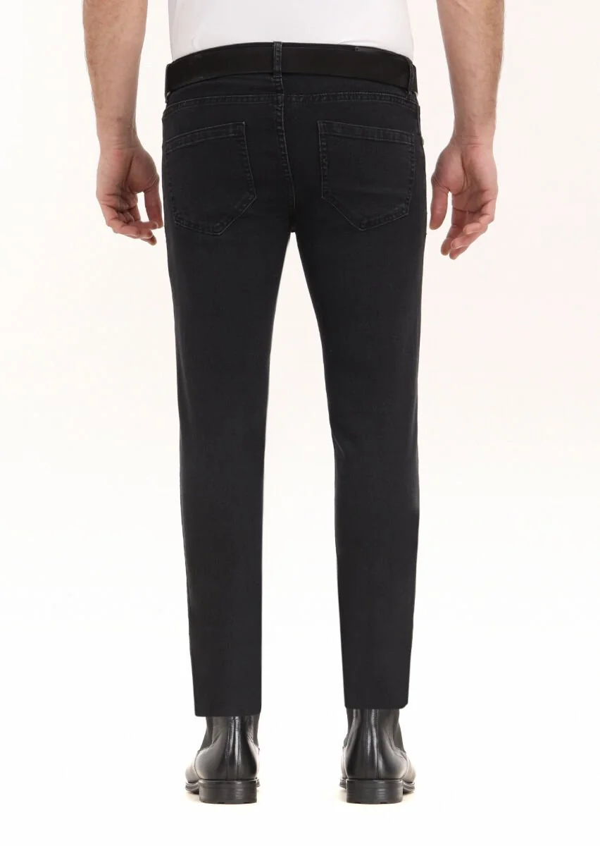 Siyah Düz Slim Fit Denim Pamuk Karışımlı Pantolon - 4