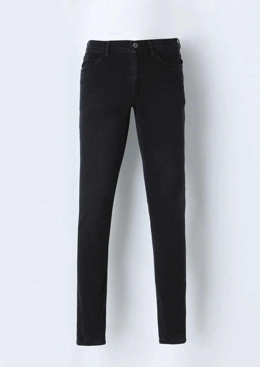 Siyah Düz Slim Fit Denim Pamuk Karışımlı Pantolon - 5