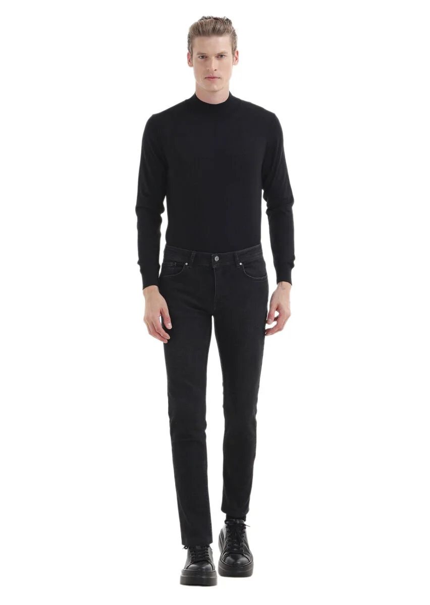 Siyah Düz Slim Fit Denim Pamuk Karışımlı Pantolon - 1