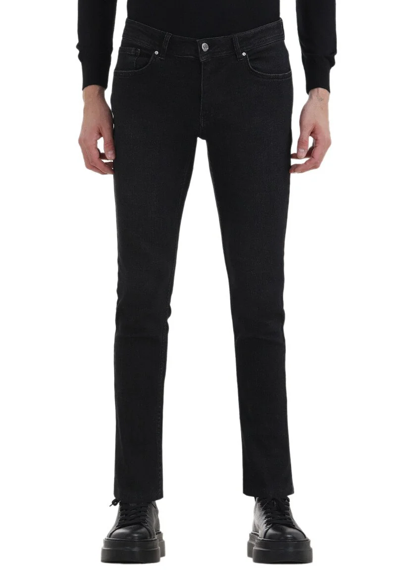 Siyah Düz Slim Fit Denim Pamuk Karışımlı Pantolon - 2