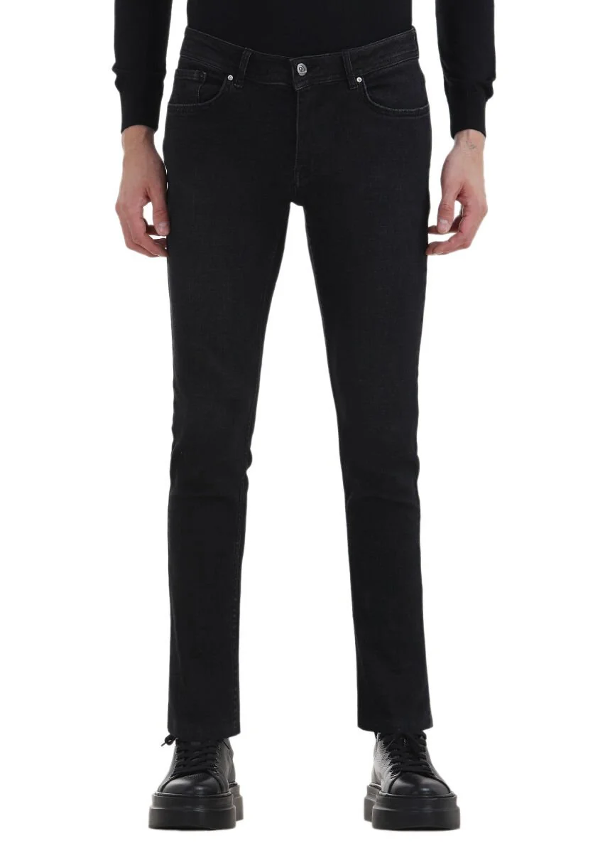 Siyah Düz Slim Fit Denim Pamuk Karışımlı Pantolon - 2