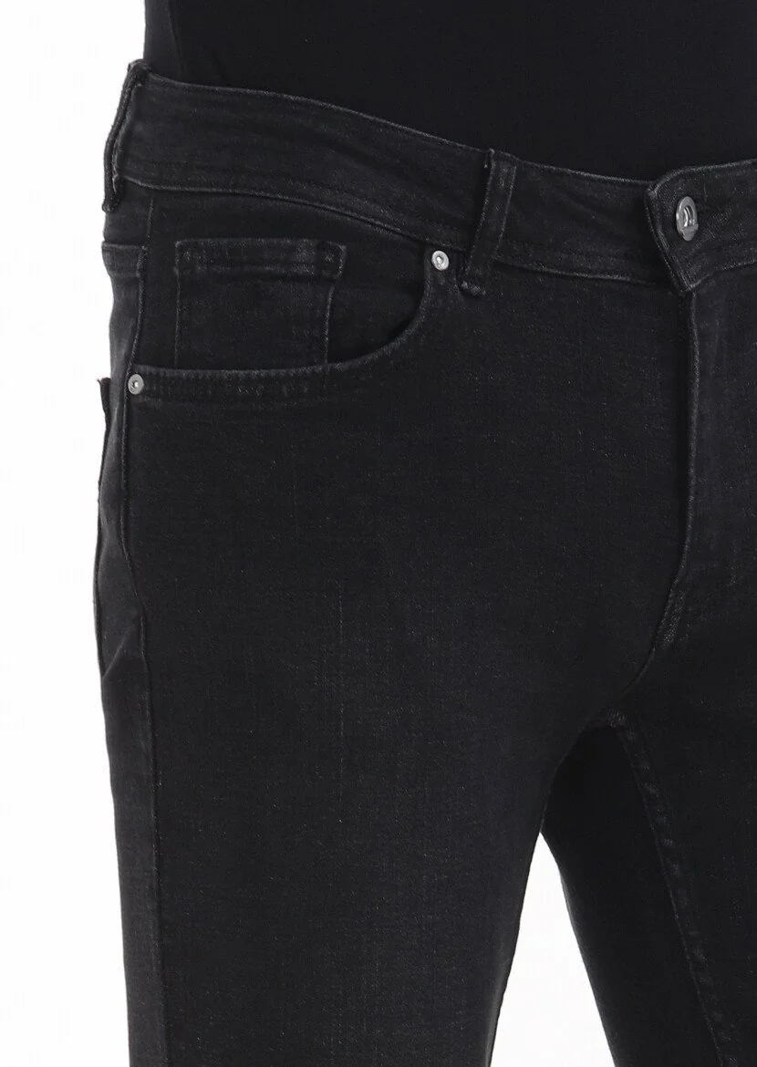 Siyah Düz Slim Fit Denim Pamuk Karışımlı Pantolon - 3