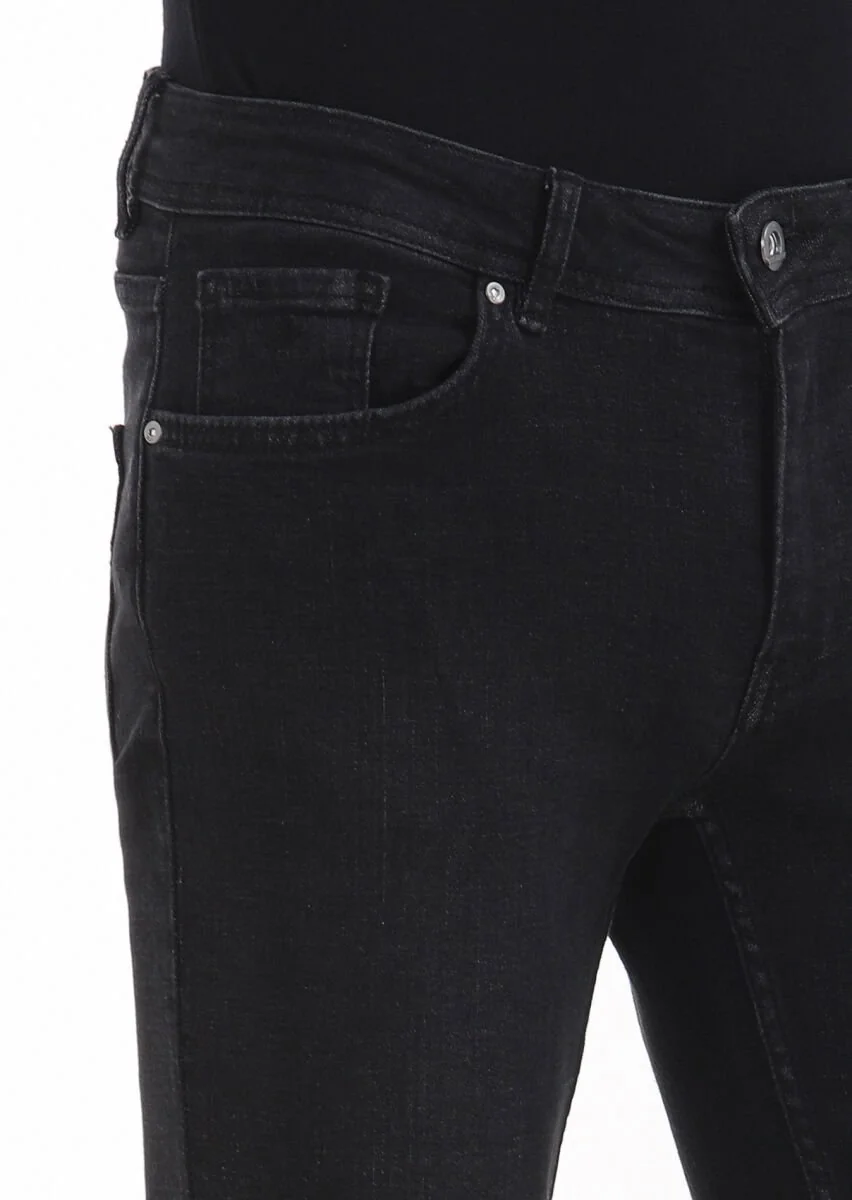 Siyah Düz Slim Fit Denim Pamuk Karışımlı Pantolon - 3