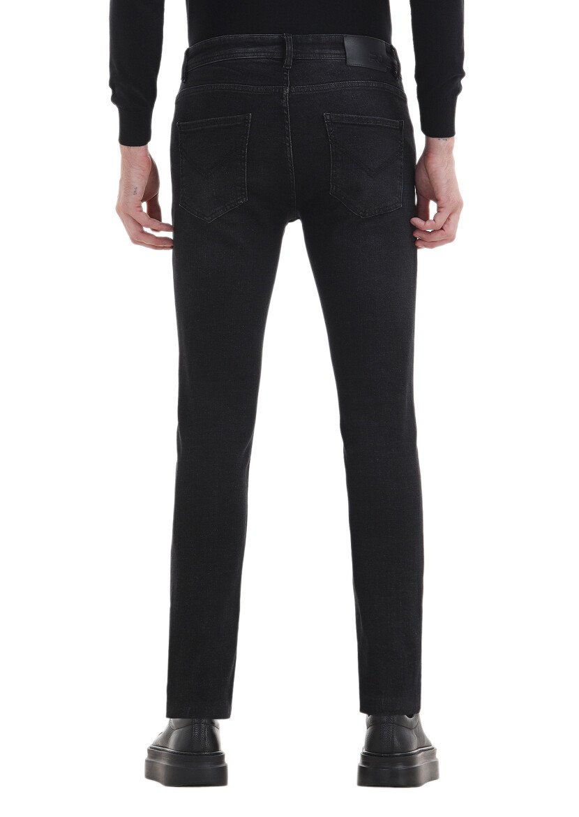 Siyah Düz Slim Fit Denim Pamuk Karışımlı Pantolon - 4