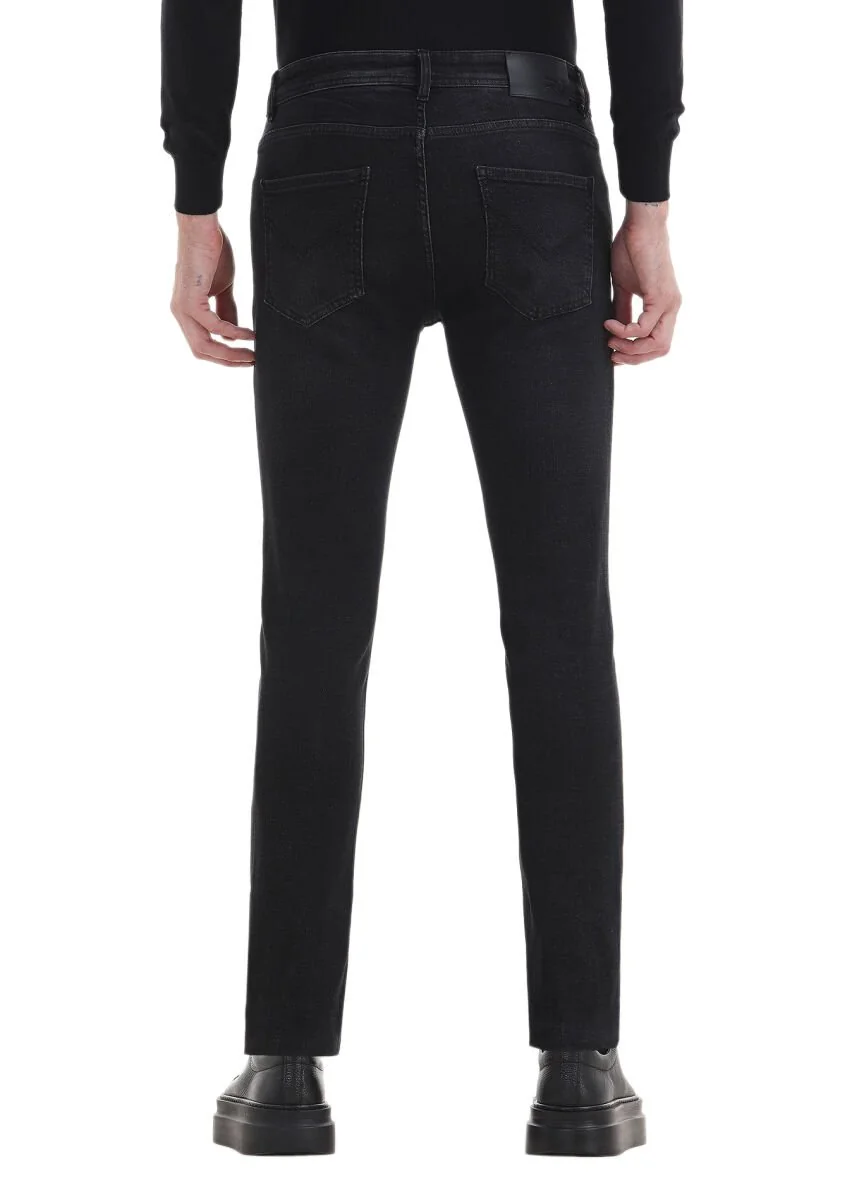 Siyah Düz Slim Fit Denim Pamuk Karışımlı Pantolon - 4