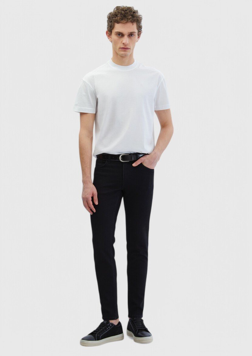 Siyah Düz Slim Fit Denim Pamuk Karışımlı Pantolon - 1