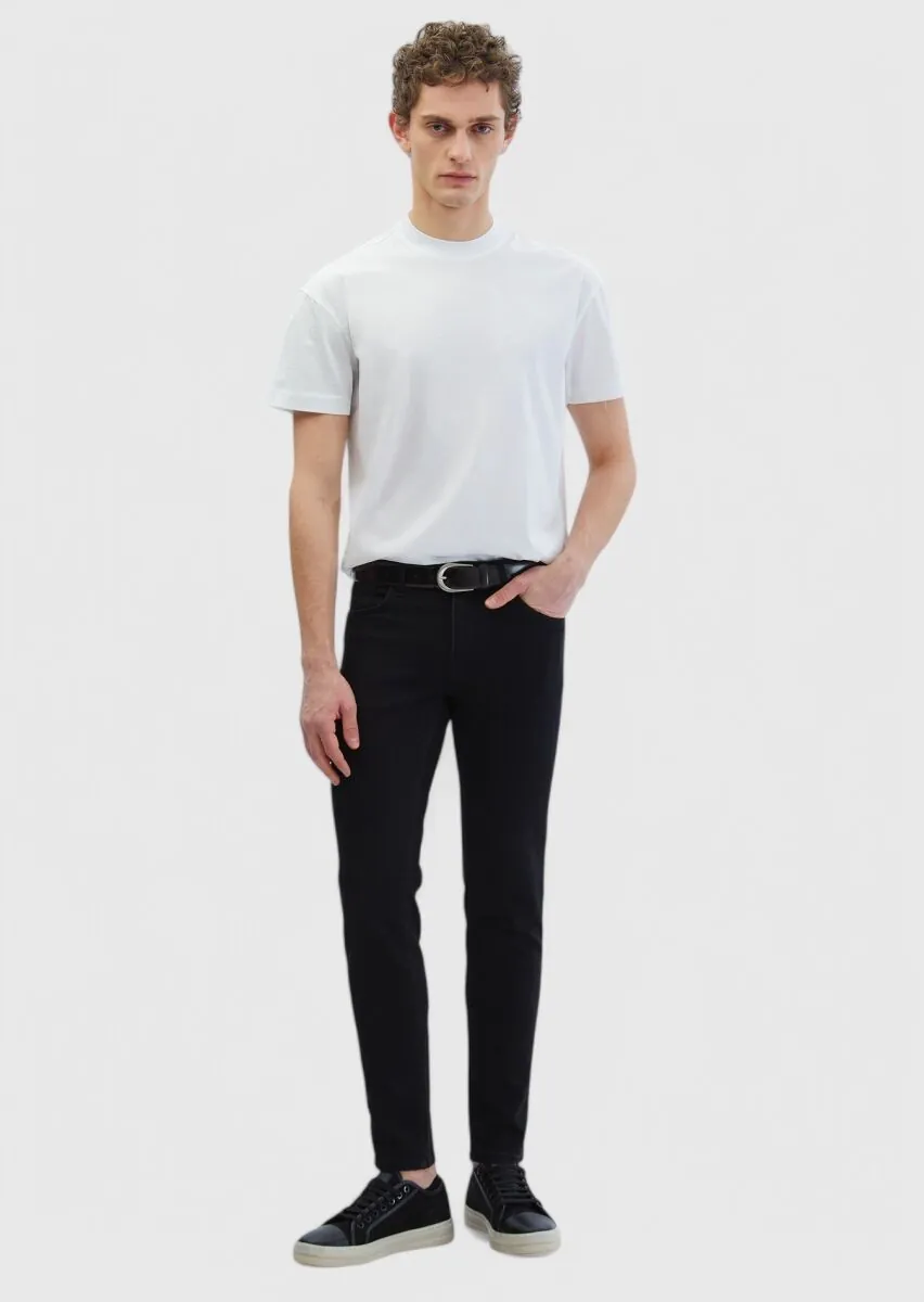 Siyah Düz Slim Fit Denim Pamuk Karışımlı Pantolon - 1