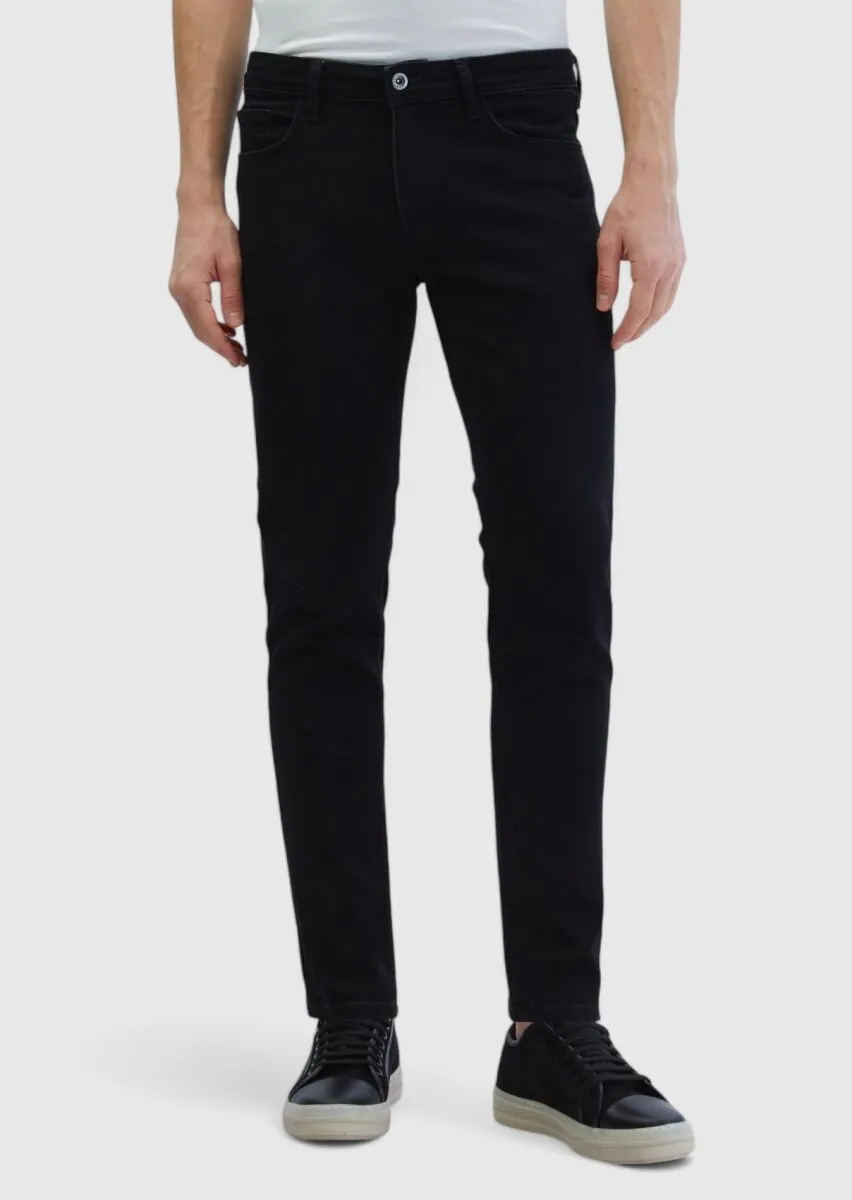 Siyah Düz Slim Fit Denim Pamuk Karışımlı Pantolon - 2