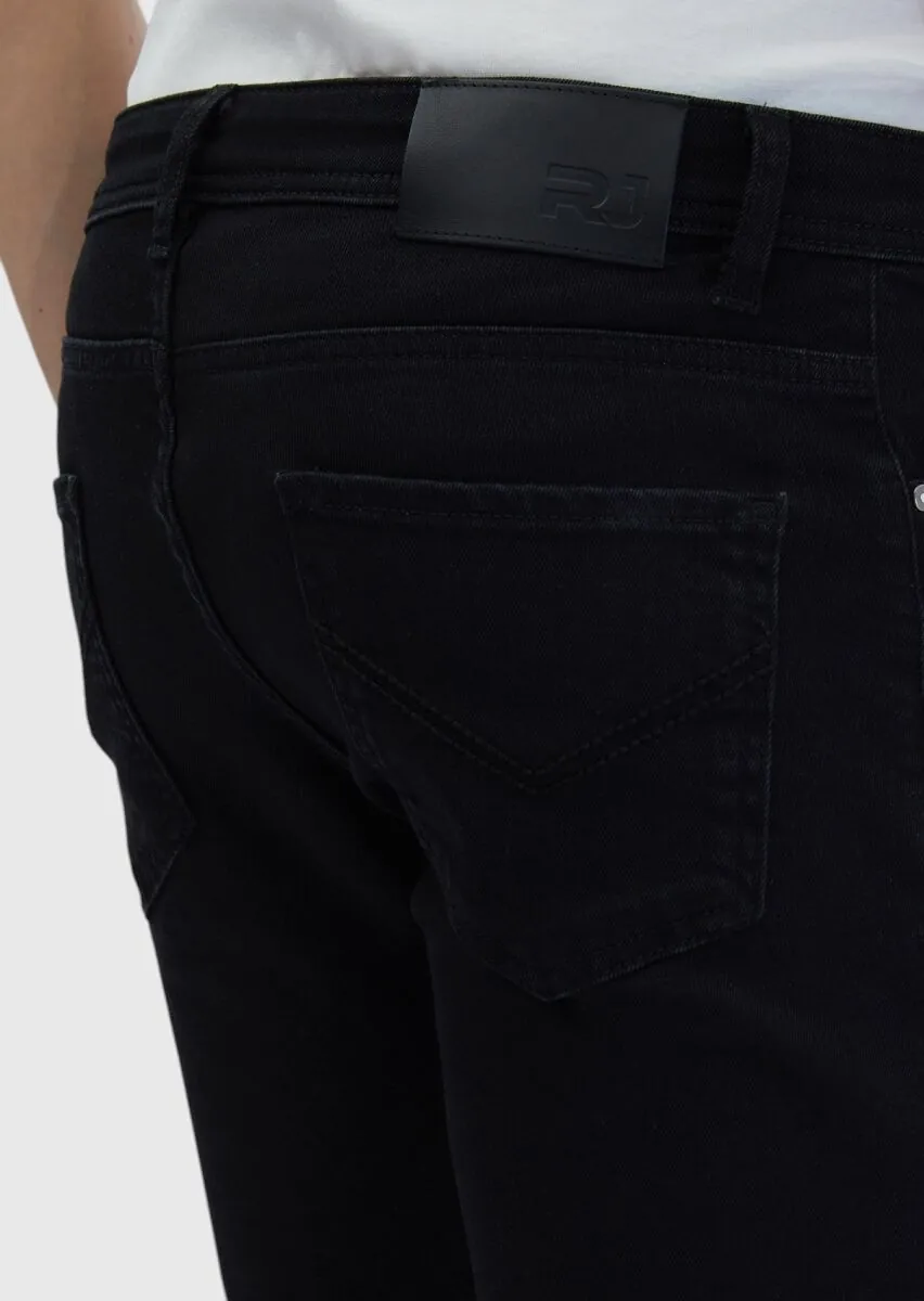 Siyah Düz Slim Fit Denim Pamuk Karışımlı Pantolon - 4