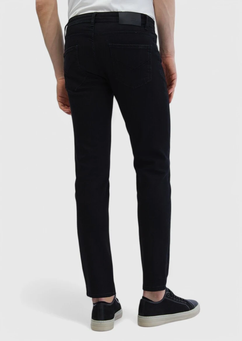 Siyah Düz Slim Fit Denim Pamuk Karışımlı Pantolon - 5