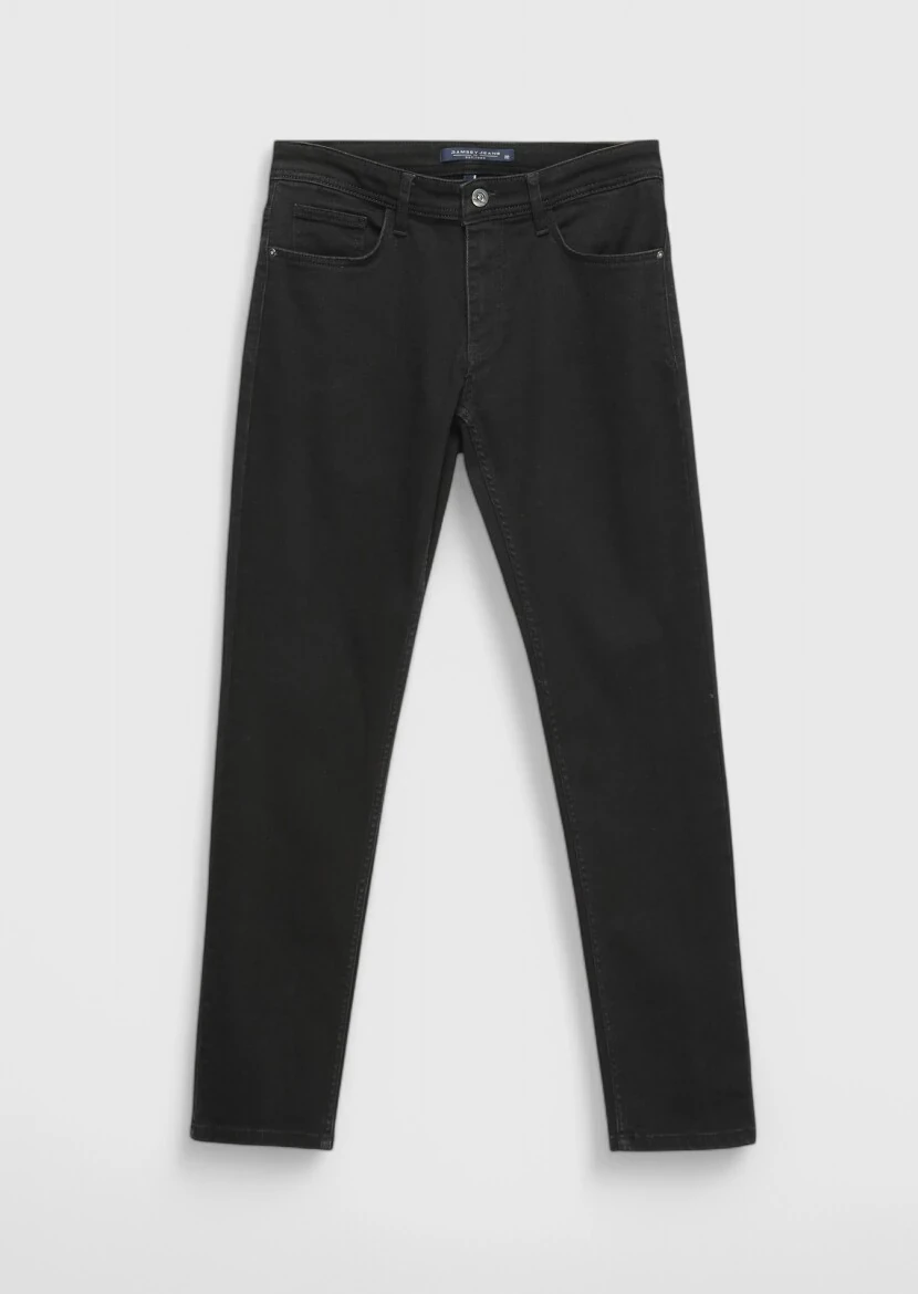 Siyah Düz Slim Fit Denim Pamuk Karışımlı Pantolon - 6