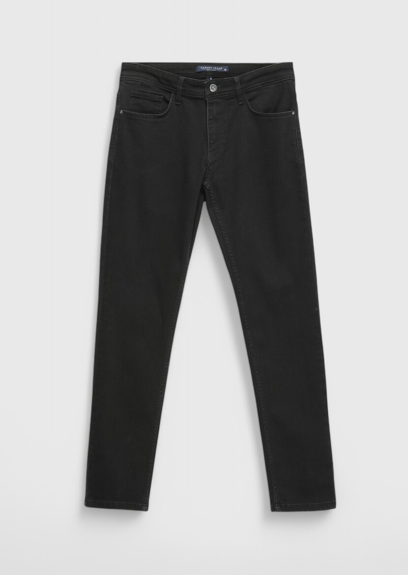 Siyah Düz Slim Fit Denim Pamuk Karışımlı Pantolon - 6
