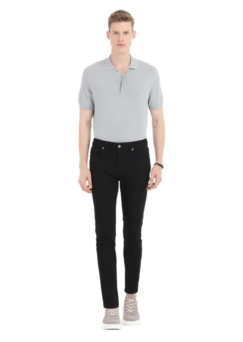 Siyah Düz Slim Fit Denim Pamuk Karışımlı Pantolon - 1