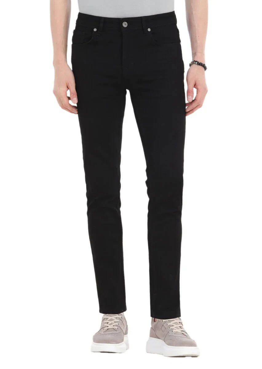 Siyah Düz Slim Fit Denim Pamuk Karışımlı Pantolon - 2