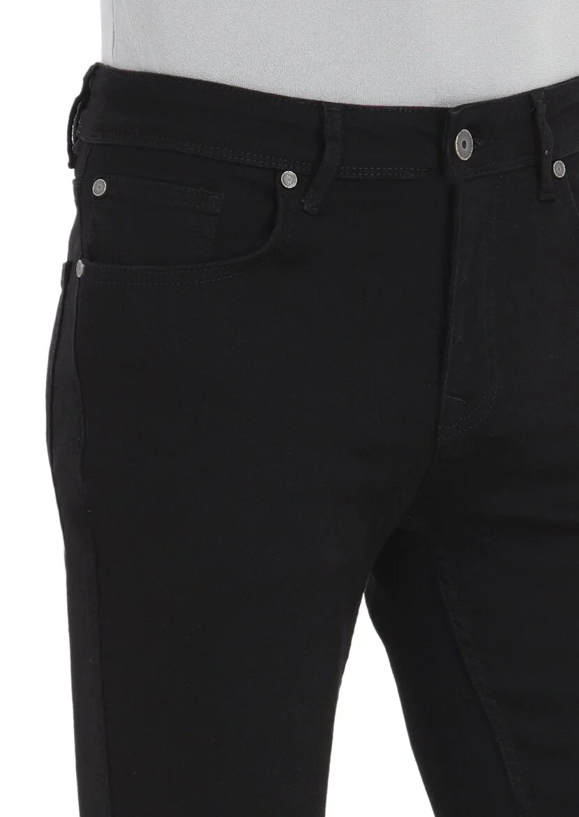 Siyah Düz Slim Fit Denim Pamuk Karışımlı Pantolon - 3