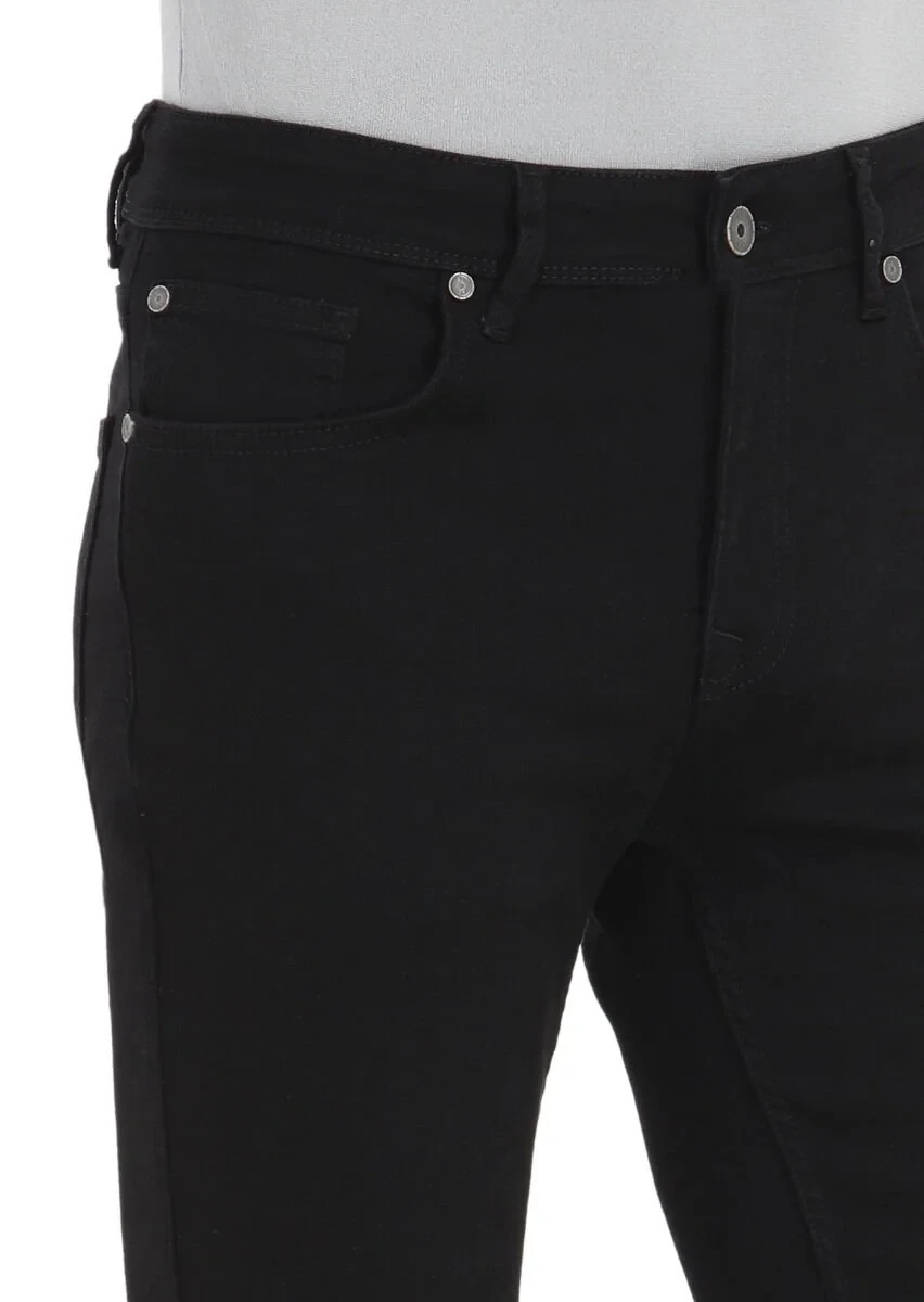 Siyah Düz Slim Fit Denim Pamuk Karışımlı Pantolon - 3