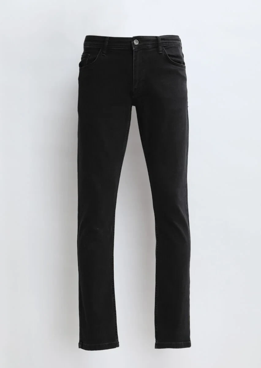 Siyah Düz Slim Fit Denim Pamuk Karışımlı Pantolon - 6