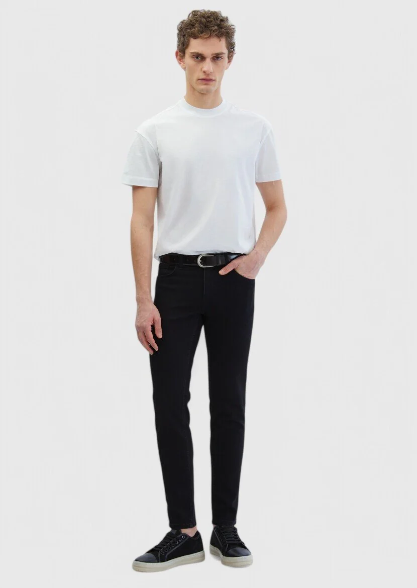 Siyah Düz Slim Fit Denim Pamuk Karışımlı Pantolon - 1