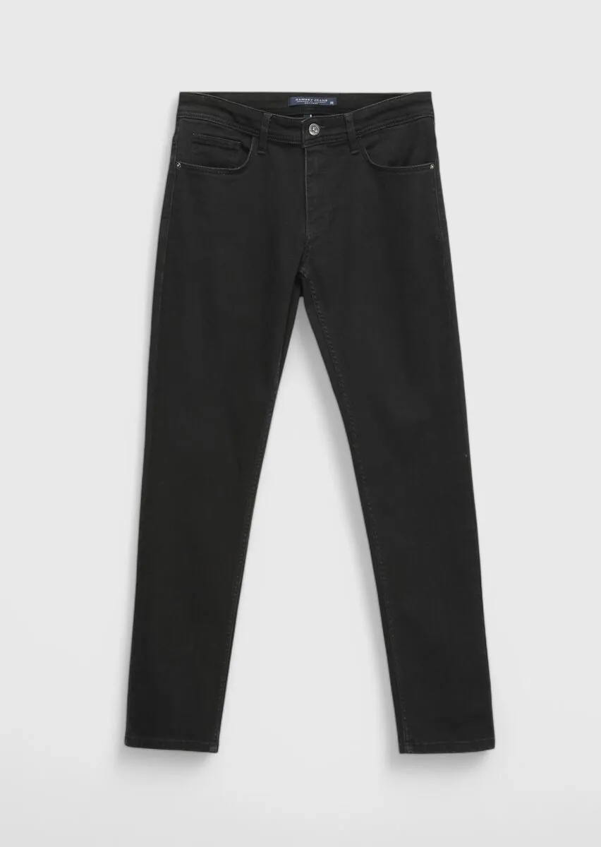 Siyah Düz Slim Fit Denim Pamuk Karışımlı Pantolon - 6