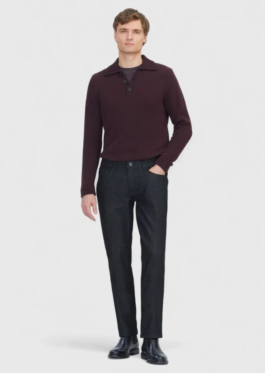Siyah Düz Slim Fit Denim Pamuk Karışımlı Pantolon - 1