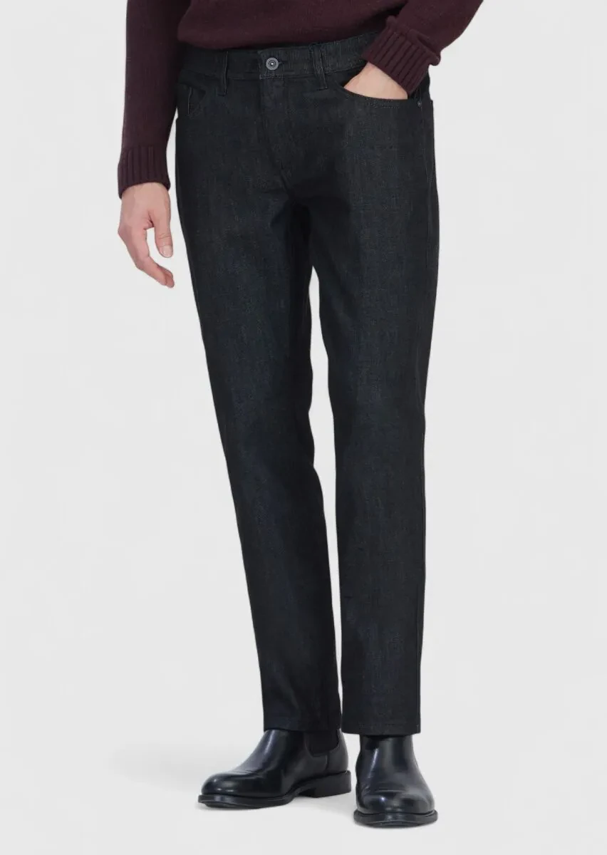Siyah Düz Slim Fit Denim Pamuk Karışımlı Pantolon - 2