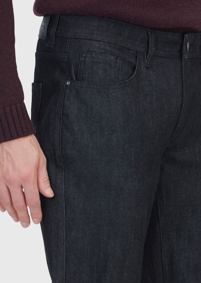 Siyah Düz Slim Fit Denim Pamuk Karışımlı Pantolon - 3