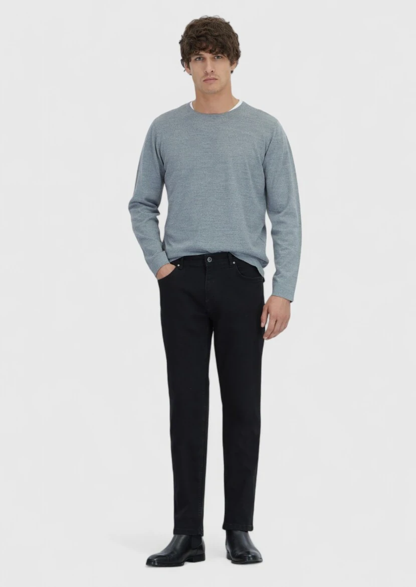 Siyah Düz Slim Fit Denim Pamuk Karışımlı Pantolon - 1