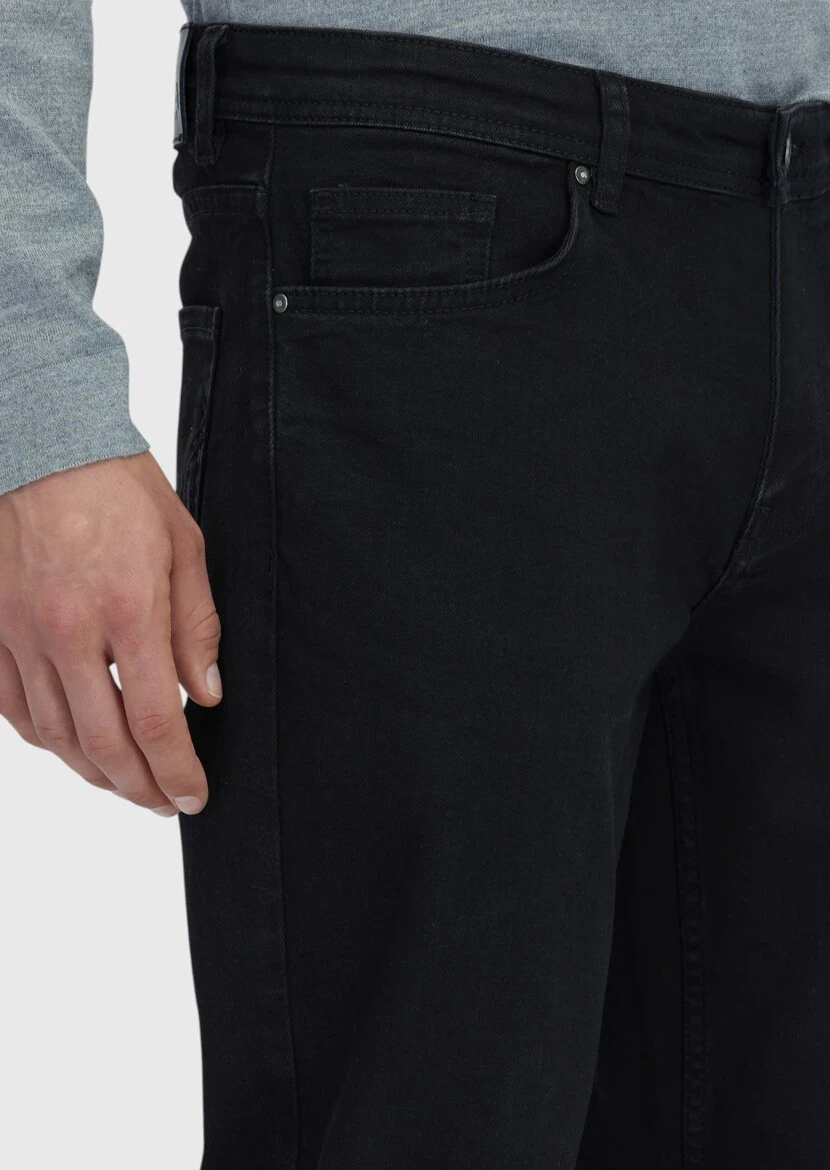Siyah Düz Slim Fit Denim Pamuk Karışımlı Pantolon - 3