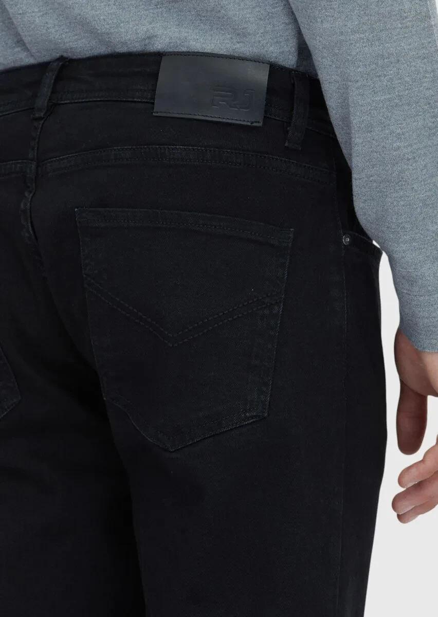 Siyah Düz Slim Fit Denim Pamuk Karışımlı Pantolon - 4