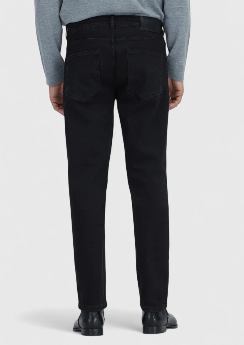 Siyah Düz Slim Fit Denim Pamuk Karışımlı Pantolon - 5