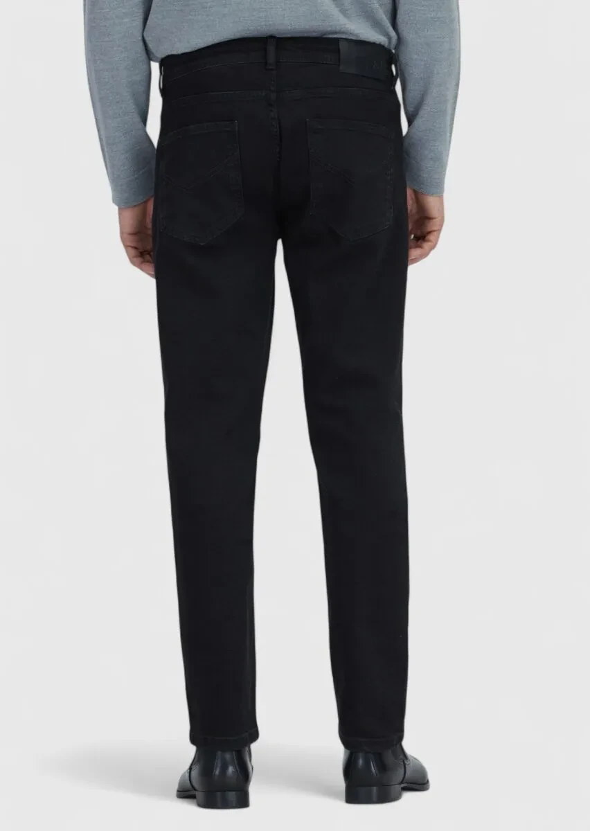 Siyah Düz Slim Fit Denim Pamuk Karışımlı Pantolon - 5