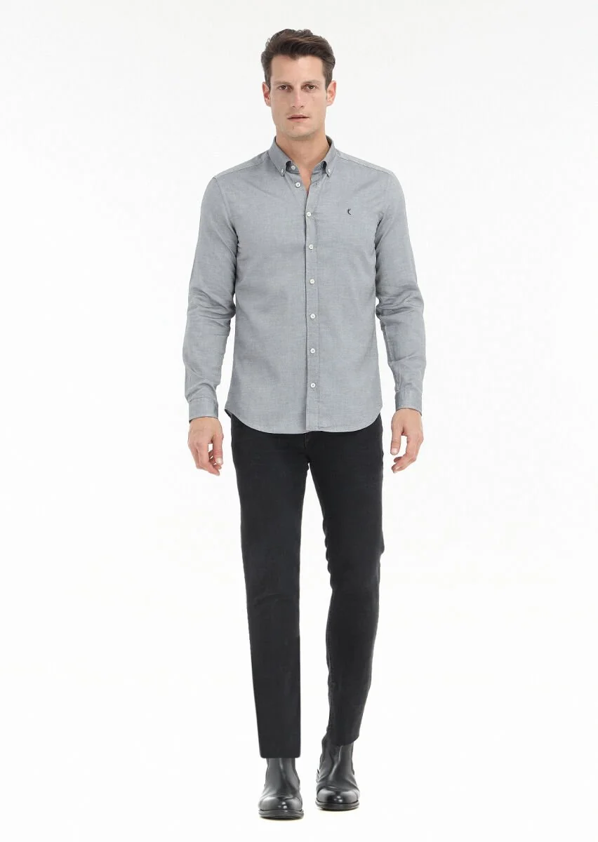 Siyah Düz Slim Fit Dokuma Casual %100 Pamuk Gömlek - 1