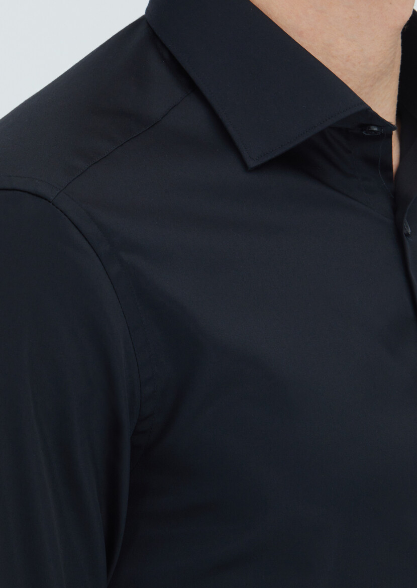 Siyah Düz Slim Fit Dokuma Klasik %100 Pamuk Gömlek - 3