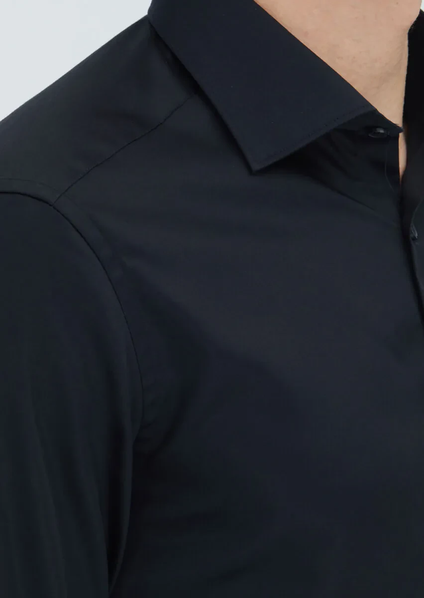 Siyah Düz Slim Fit Dokuma Klasik %100 Pamuk Gömlek - 3
