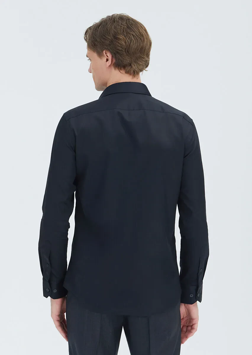 Siyah Düz Slim Fit Dokuma Klasik %100 Pamuk Gömlek - 4