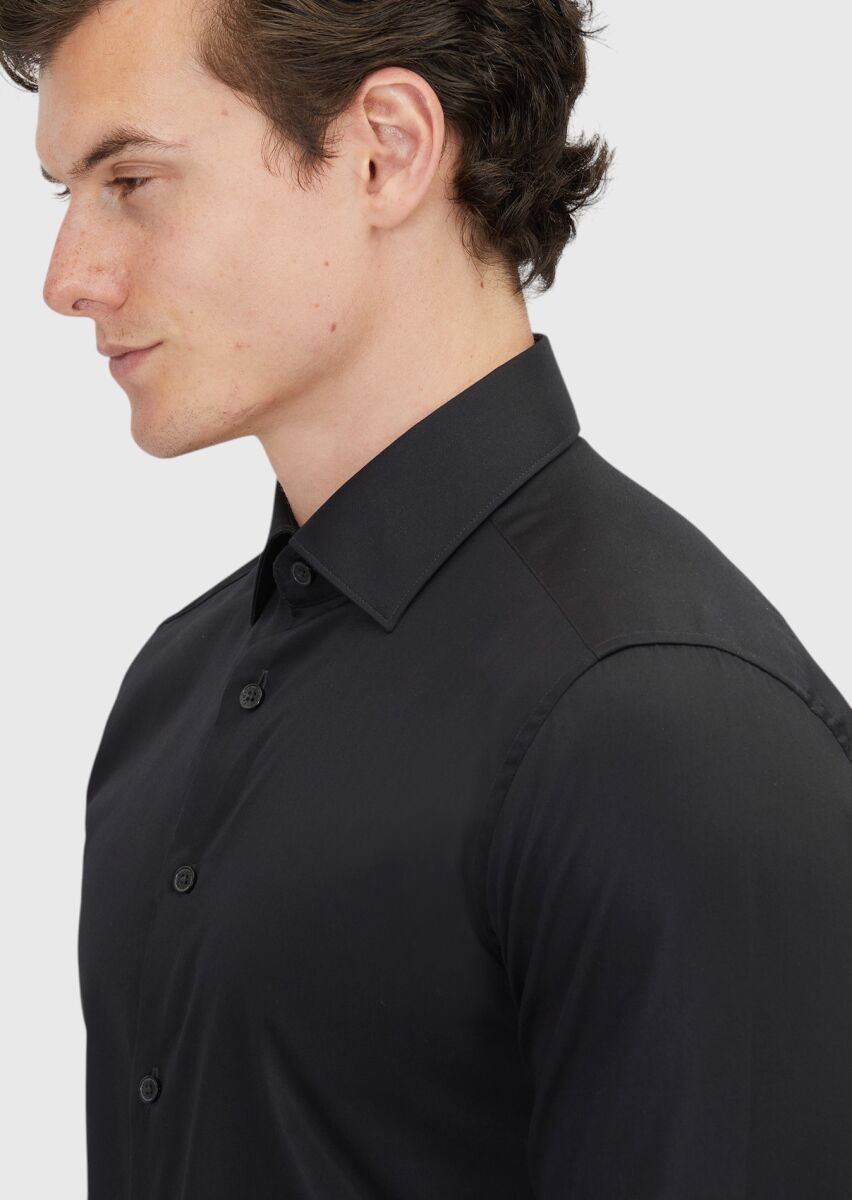 Siyah Düz Slim Fit Dokuma Klasik %100 Pamuk Gömlek - 4