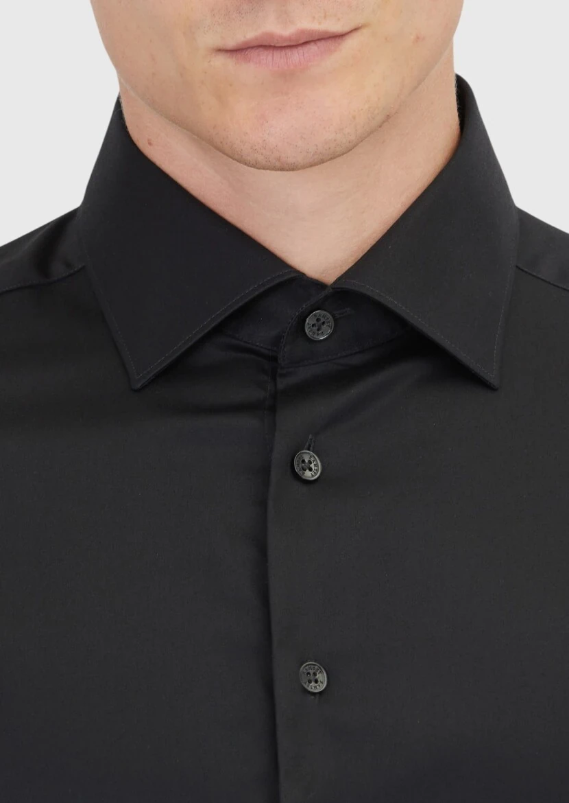 Siyah Düz Slim Fit Dokuma Klasik %100 Pamuk Gömlek - 3
