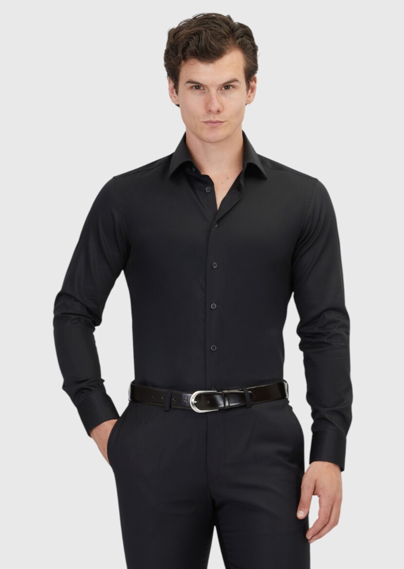 Siyah Düz Slim Fit Dokuma Klasik %100 Pamuk Gömlek - 1