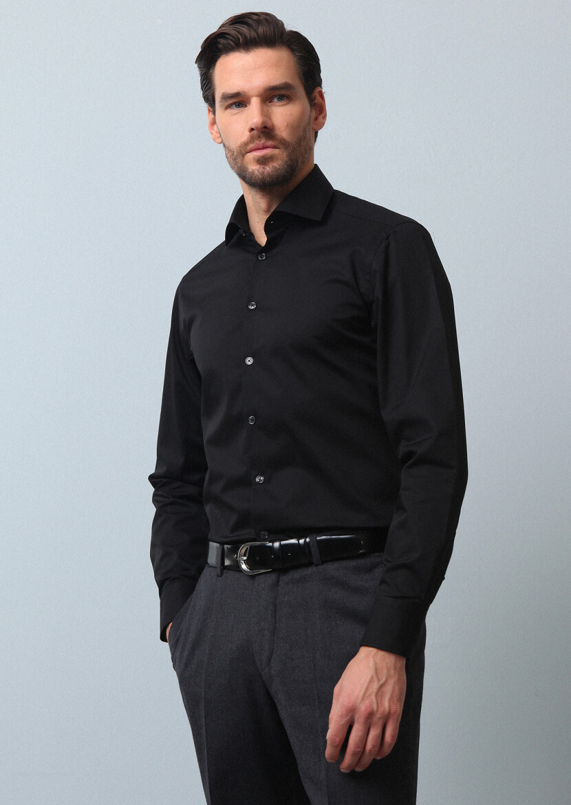 Siyah Düz Slim Fit Dokuma Klasik Pamuk Karışımlı Gömlek - 1