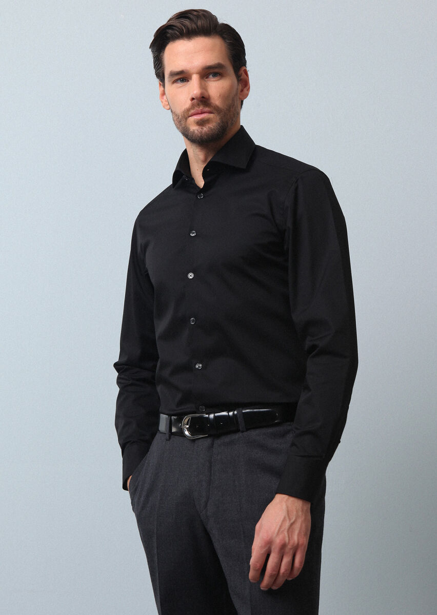 Siyah Düz Slim Fit Dokuma Klasik Pamuk Karışımlı Gömlek - 1