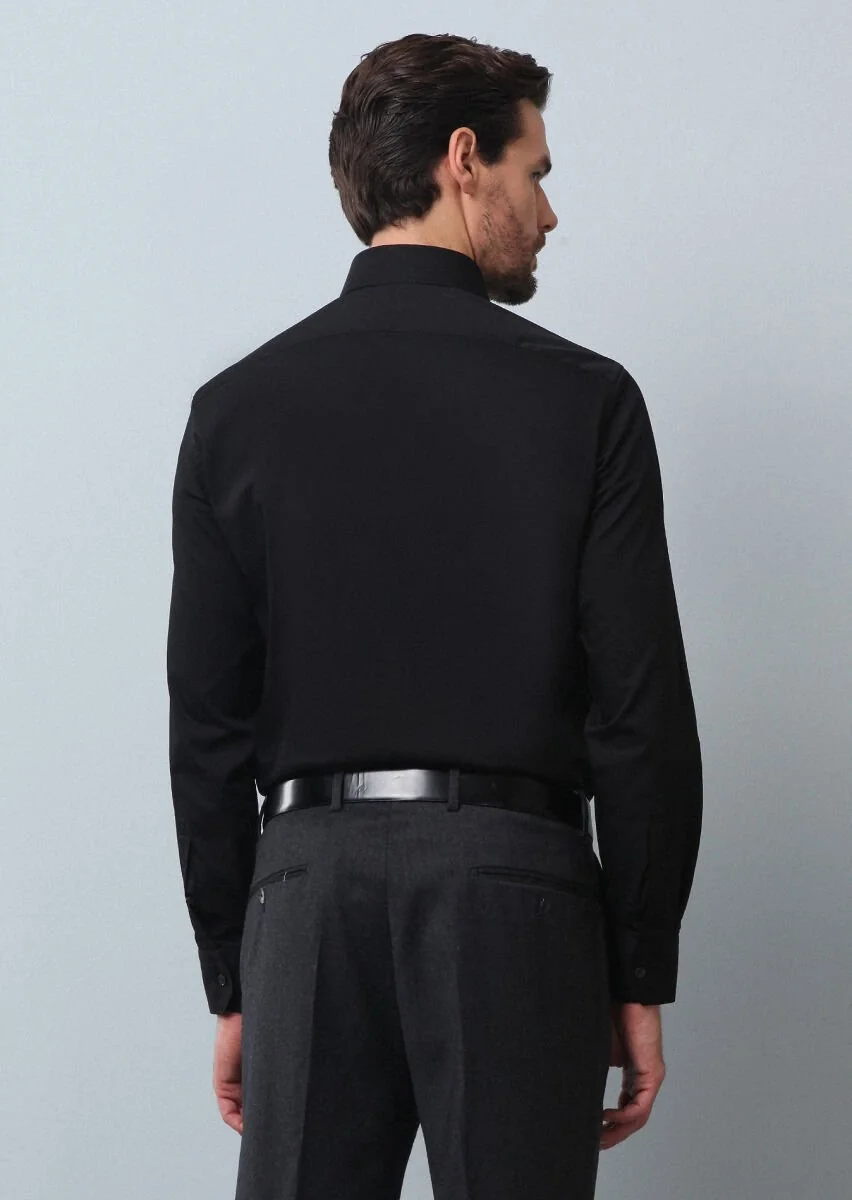 Siyah Düz Slim Fit Dokuma Klasik Pamuk Karışımlı Gömlek - 5