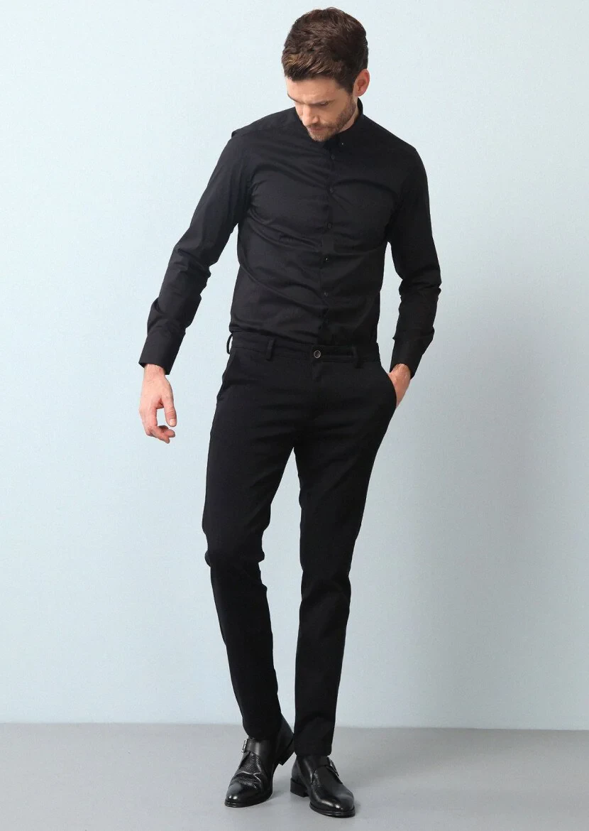 Siyah Düz Slim Fit Dokuma Klasik Pamuk Karışımlı Gömlek - 1