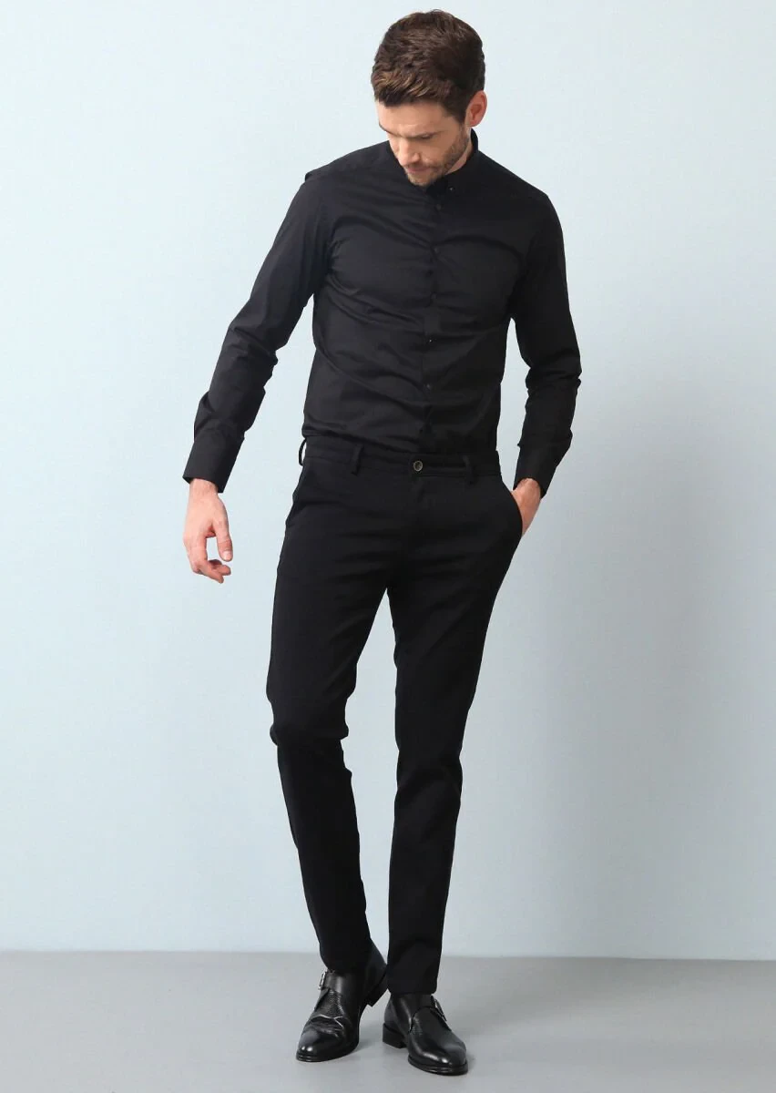 Siyah Düz Slim Fit Dokuma Klasik Pamuk Karışımlı Gömlek - 1