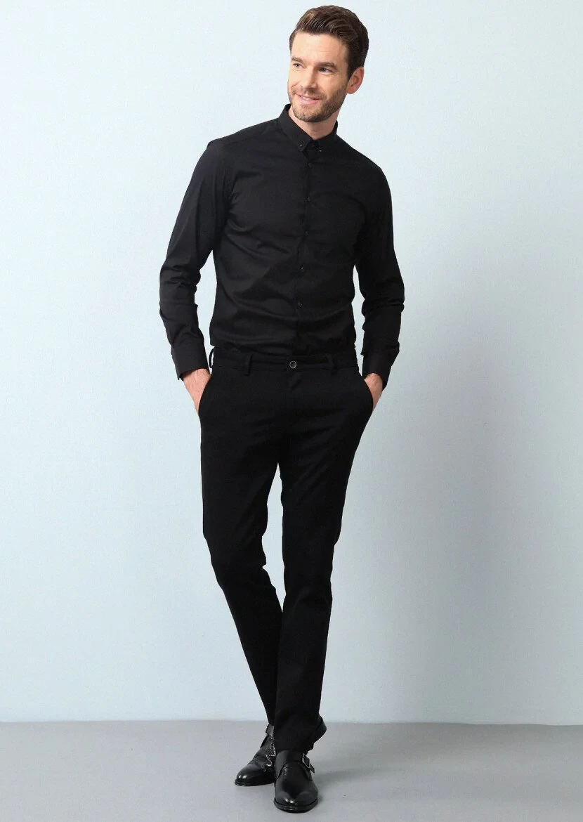 Siyah Düz Slim Fit Dokuma Klasik Pamuk Karışımlı Gömlek - 4
