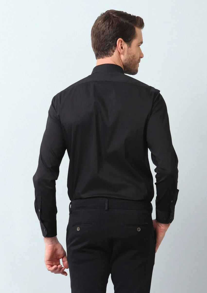 Siyah Düz Slim Fit Dokuma Klasik Pamuk Karışımlı Gömlek - 5
