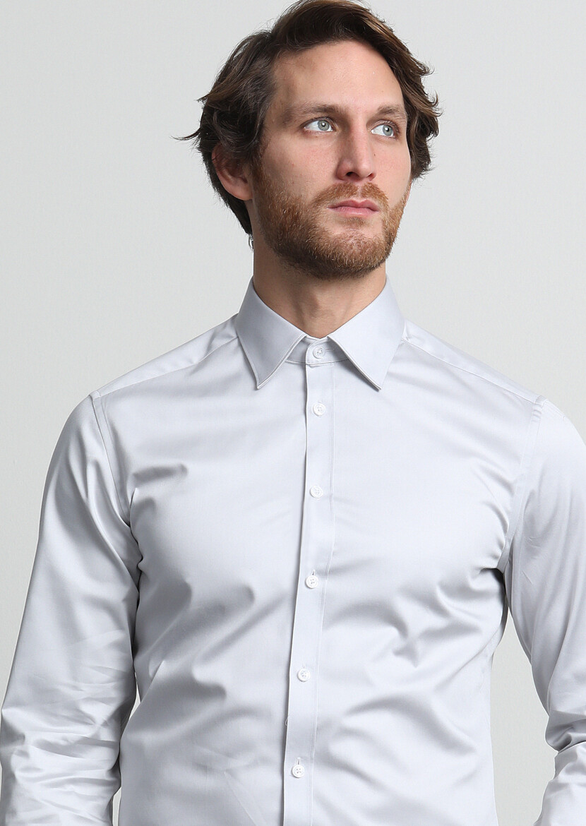 Siyah Düz Slim Fit Dokuma Klasik Pamuk Karışımlı Gömlek - 2