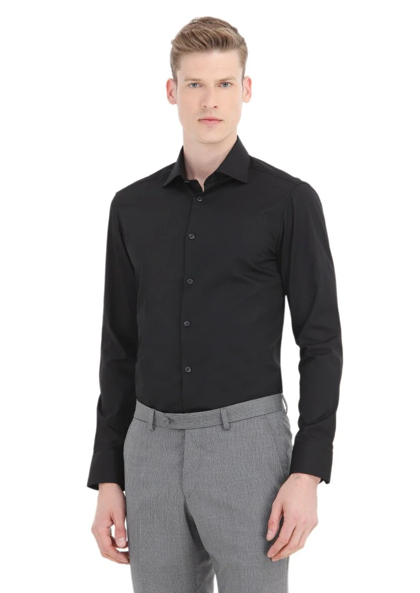 Siyah Düz Slim Fit Dokuma Klasik Pamuk Karışımlı Gömlek 
