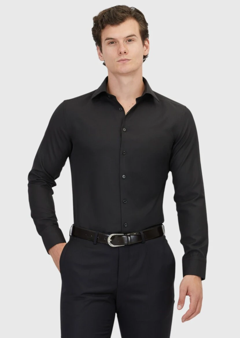 Siyah Düz Slim Fit Dokuma Klasik Pamuk Karışımlı Gömlek - 1