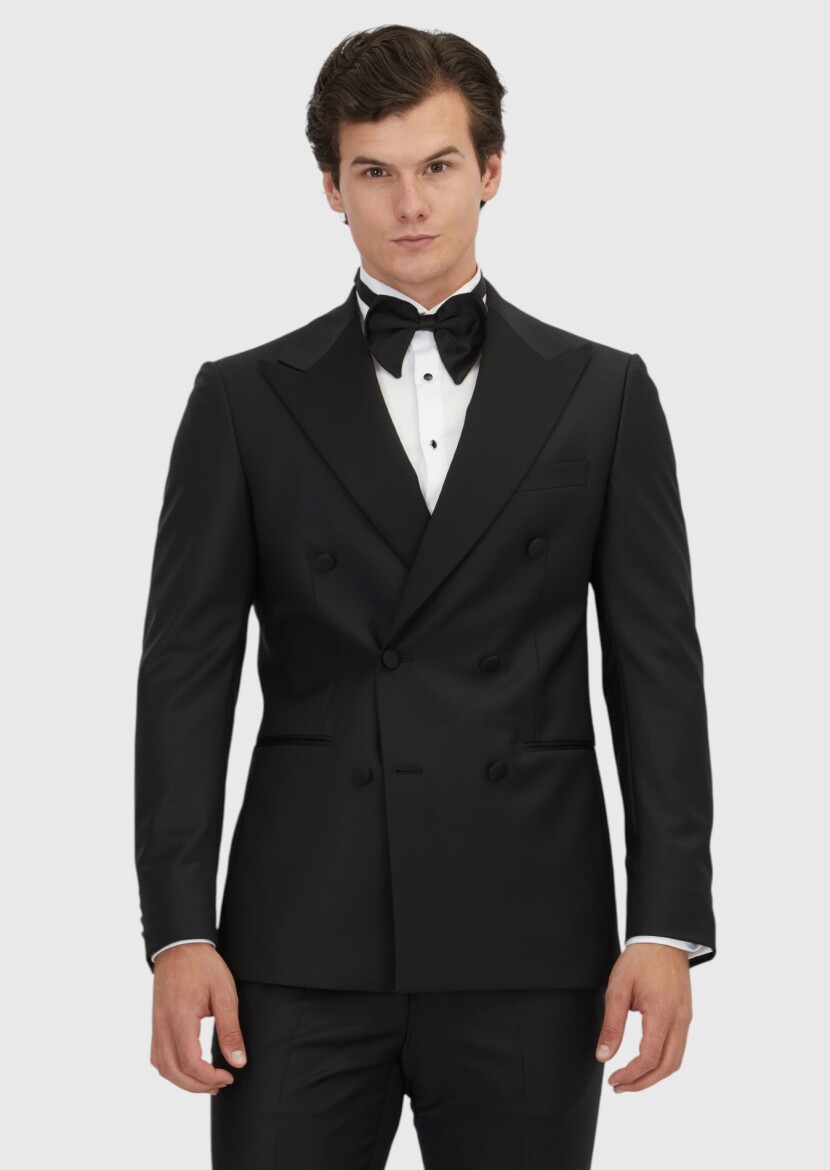 Siyah Düz Slim Fit Kruvaze Yaka Dokuma Smokin Takım Elbise - 1